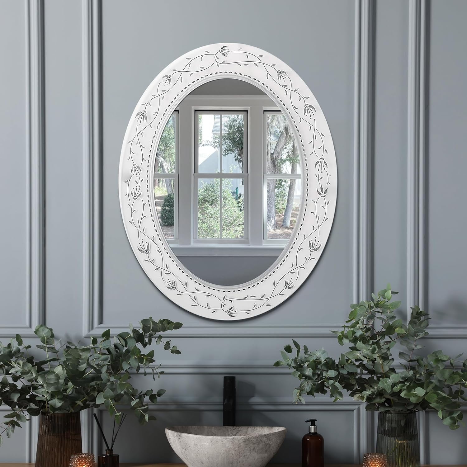 Aqua Blue Mosaic Frameless Reeded Tiled Printed Sea Glass Round Vanity ...