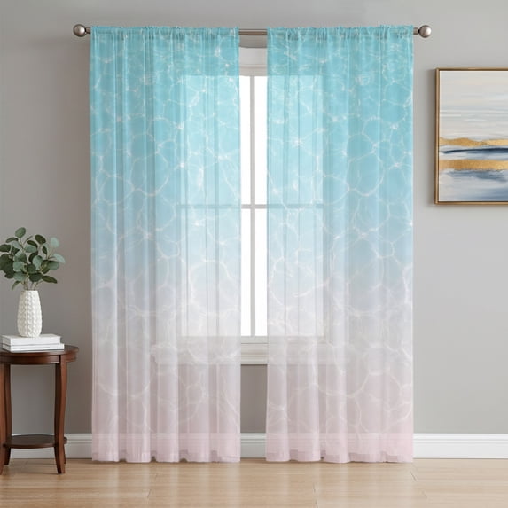Aqua Blue Ombre Ocean Waves Sheer Curtains 96 Inch Length 2 Panels Set, Summer Sea Coastal Voile Window Treatment Semi Sheer Long Curtains Drapes for Bedroom/Living Room/Kitchen 52"x96"x2