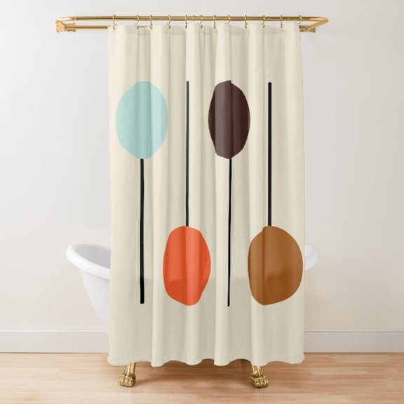 Aqua Blue, Orange and Brown Circle Line Geometric Shower Curtain, 100% Polyester, Mid-Century Style