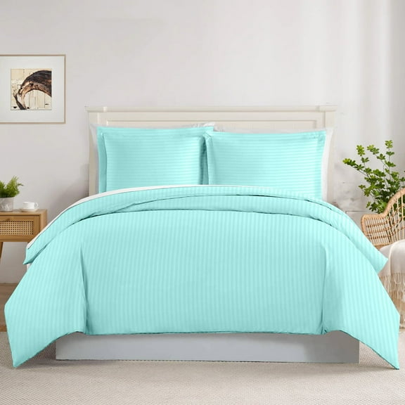 Aqua-Blue Oversized Queen ( 100" x 100" ) Size 100% Cotton Duvet Set, 800 Thread Count, Stripe Pattern, 1-Piece Comforter Cover with Zipper Closure & 2-Pillow Shams– Hotel Quality, All-Season