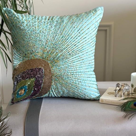 Aqua Blue Pillow Cover, Peacock Feather Sequins Beaded Sparkly Glitter Pillow Cover, Pillow Cover 20x20 inch (50x50 cm), Floral Art Deco Pillow Cover, Silk, Modern - Peacock Grace