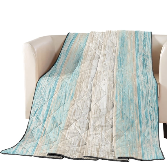 Aqua Blue Planks Quilted Comforters Cooling Blanket Full Size, Tropical Vertical Wood Grain Cold Comfort for Hot Sleepers Lightweight Air Conditioning Quilt Blanket for Bed