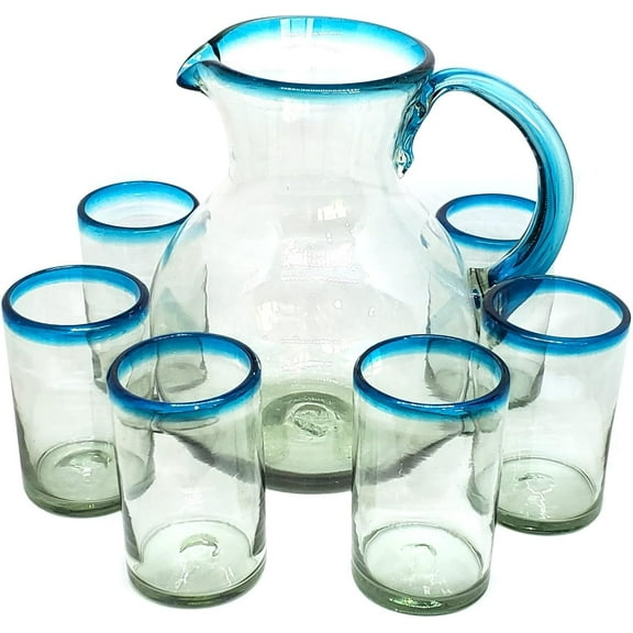 Aqua Blue Rim 120 oz Pitcher and 6 Drinking Glasses set, Recycled Glass, Lead-free, Toxin-Free (Pitcher & Glasses)