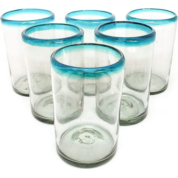 Aqua Blue Rim 14 oz Drinking Glasses (set of 6) Mexican Handmade Glassware, Recycled Glass, Lead-free, Toxin-Free (Drinking)