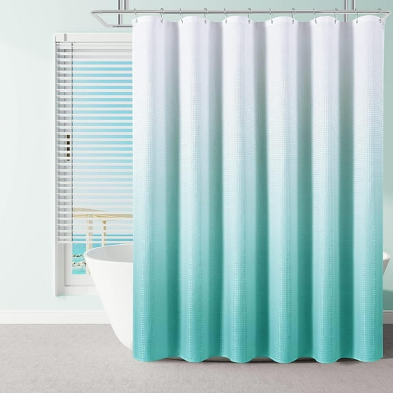 Aqua Blue Shower Curtain Set, Polyester Ombre Shower Curtains for Bathroom, Water Repellent Textured Fabric Bath Shower Curtain with 12 Hooks,Machine Washable (72 x 84 inch, Aqua)
