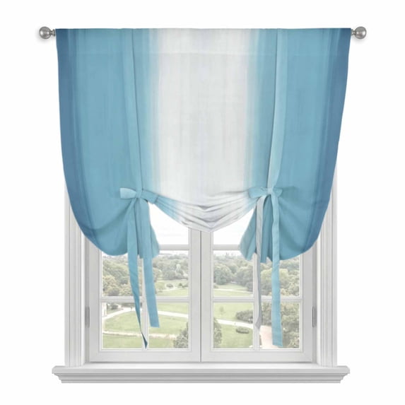 Aqua Blue Striped Tie Up Curtains for Kitchen Windows,Adjustable Rod Pocket Valance 45 Inch Short, Blue White Ombre Farmhouse Gradient Window Treatment Balloon Roman Blind Shade, 42" x 45"