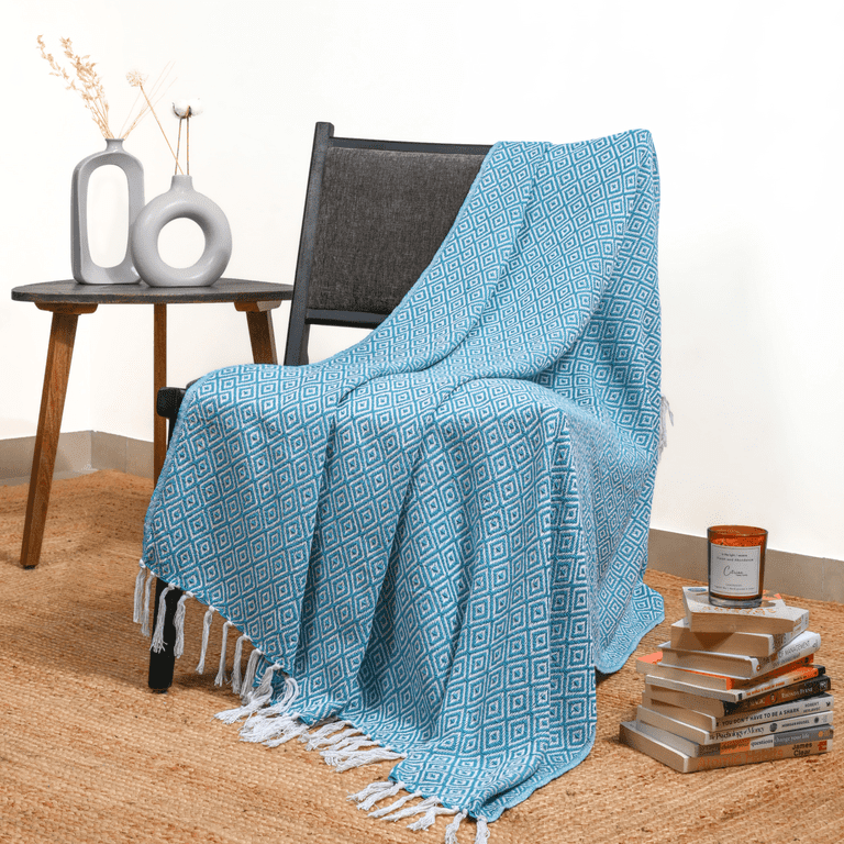 Blue tassel throw sale