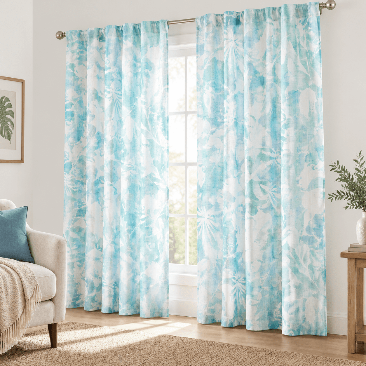 Aqua Blue White Leaf Sheer Curta54x84