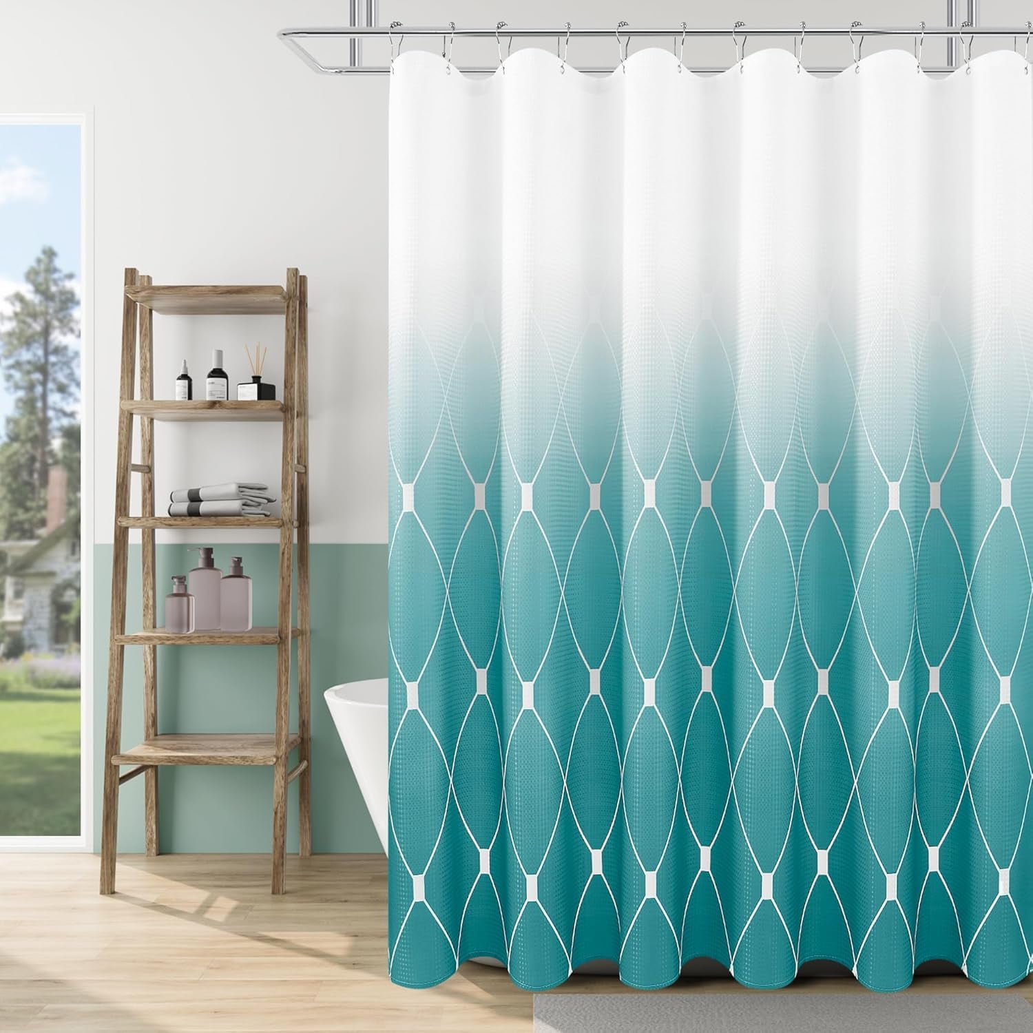 Aqua Blue and White Ombre Shower Curtain Set for Bathroom, Geometric ...