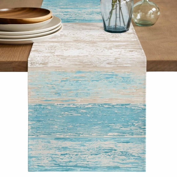 Aqua Blue Wooden Table Runner 90 Inches Long - Farmhouse Brown Vintage Distressed Kitchen Dining Burlap Linen Tablerunner for Small/Round/Square/Wedding/Coffee/Dining Table Party Home Décor 13 x 90