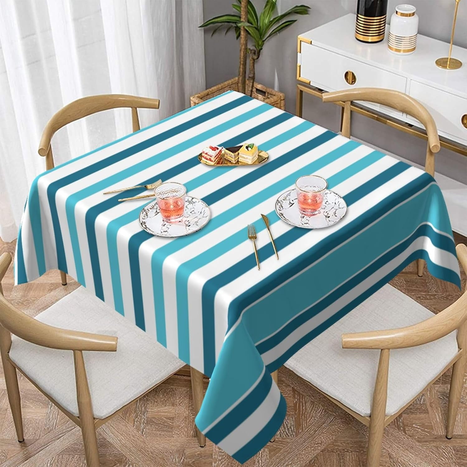 Kitchen Table Textiles Aqua Blue and White Striped Soft Tablecloth Square Dinng Table Covers ...