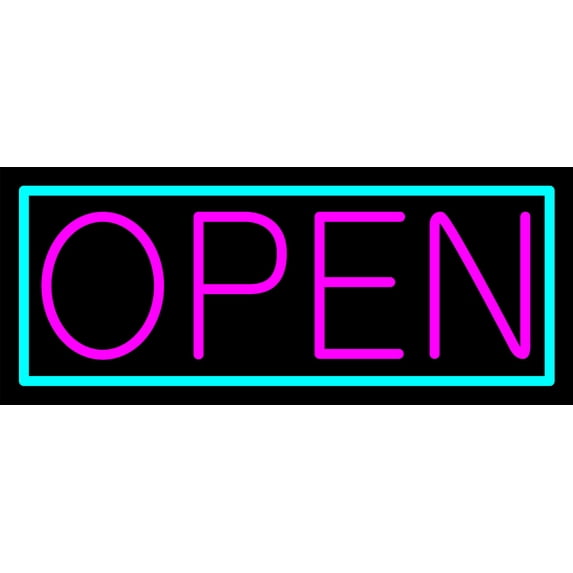 Aqua Border With Pink Open LED Neon Sign 6 x 15 - inches, Black Square Cut Acrylic Backing, with Dimmer - Bright and Premium built indoor LED Neon Sign for storefront.