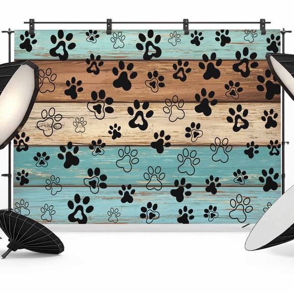 Aqua Brown Backdrop for Photography, Fabric Photo Background Backdrop, Rustic Farmhouse Dog Paw Vintage Photo Booth Background for Portrait Photoshoot Video Wedding Studio Decoration Banner 7x5ft