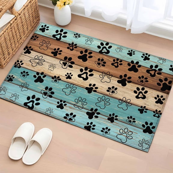 Aqua Brown Bathroom Rug Washable 2x3 Entryway Rug Non Slip Rustic Farmhouse Dog Paw Vintage Front Door Mat Low Pile Indoor Doormat Throw Floor Carpet for Kitchen Bedroom Entrance