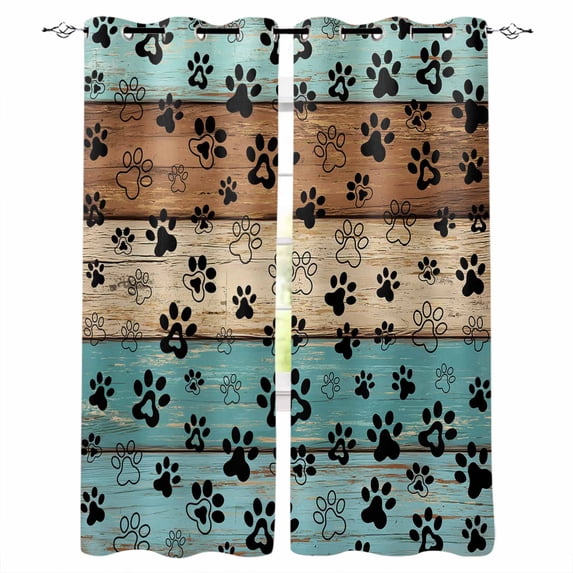 Aqua Brown Blackout Curtains for Bedroom, Thermal Insulated Window Treatment, Rustic Farmhouse Dog Paw Vintage Grommet Top Blackout Draperies and Drapes for Basement 27.5"x39" 2 Panels