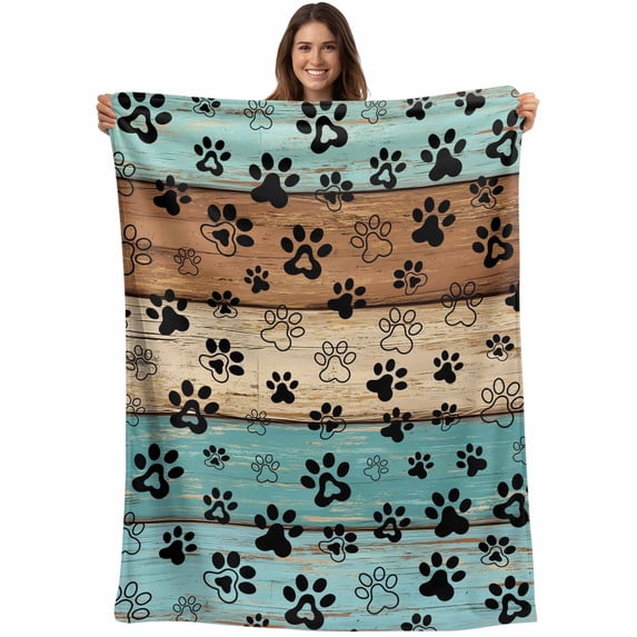 Aqua Brown Blanket Soft Cozy Warm Throw Blanket for Couch, Plush Fuzzy Flannel Fleece Blankets for Sofa, Rustic Farmhouse Dog Paw Vintage Bed Blankets Lightweight Gifts for Women, 50"x60"