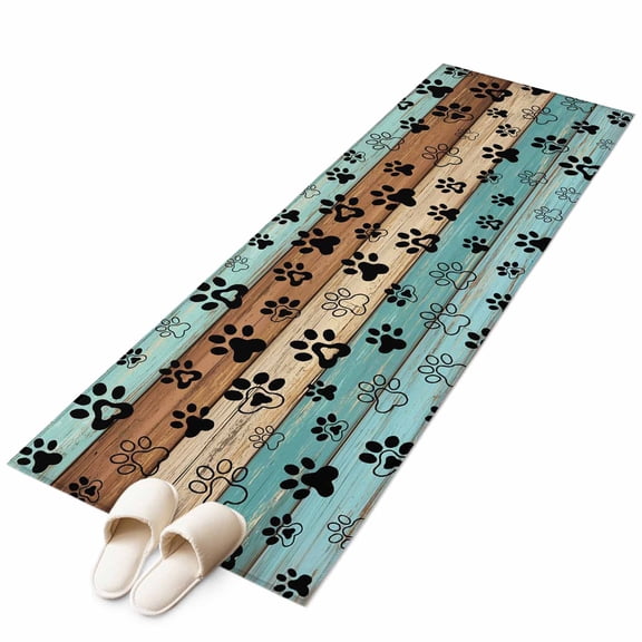 Aqua Brown Large Area Rugs for Bedroom Living Room, Soft Non Slip Carpet Bedside Rug, Rustic Farmhouse Dog Paw Vintage Rectangular Floor Cover Kitchen Accent Rug 2'x6' for Dining Room/Office
