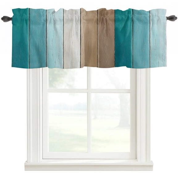 Aqua Brown Ombre Rod Pocket Curtain Valance, Vintage Country Wooden Farmhouse Window Valance for Living Room, Bedroom, Kitchen 54"W x 18"L