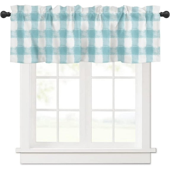 Aqua Buffalo Plaid Check Kitchen Curtain Valance, Window Curtain Valance Rod Pocket, 1 Panel Small Valances Window Treatment for Bathroom Living Room Cafe (54x18in Vintage Farmhouse)
