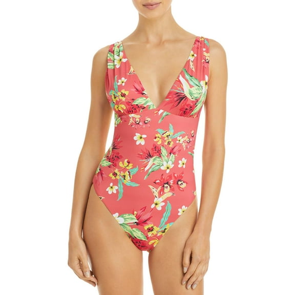 Aqua CORAL Ruched Printed Floral Plunge One-Piece Swimsuit, US X-Small