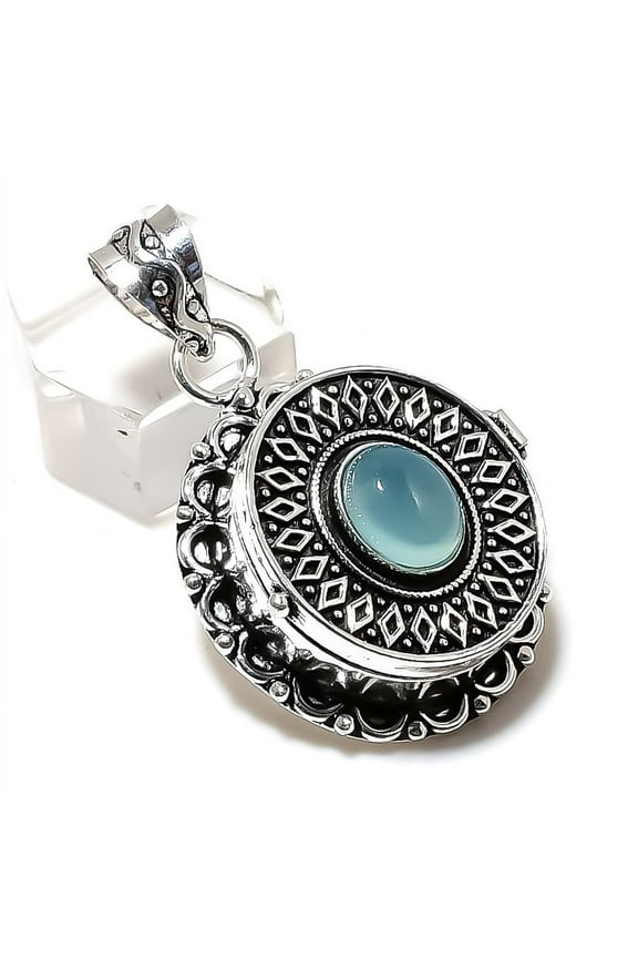 Natural Aqua Chalcedony Gemstone 925 Sterling Silver Gift Pendant 1.77"