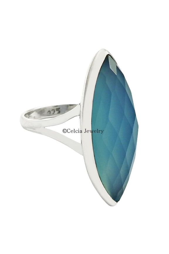 Aqua Chalcedony Gemstone Ring, 925 Sterling Silver, Blue Stone Checker Cut Marquise Shape Ring, Bridesmaid&nbsp;Gifts, Pinky&nbsp;Ring, Mothers Day&nbsp;Gifts, Unique Gifts For Women