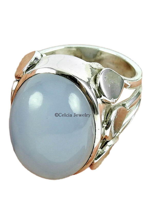 Aqua Chalcedony Gemstone Ring, Solid 925 Sterling Silver Ring, Solitaire Ring, Blue Stone Cab Cut Oval Ring, Semi Precious Stone Ring, Huge Gemstone Women's Designer Ring