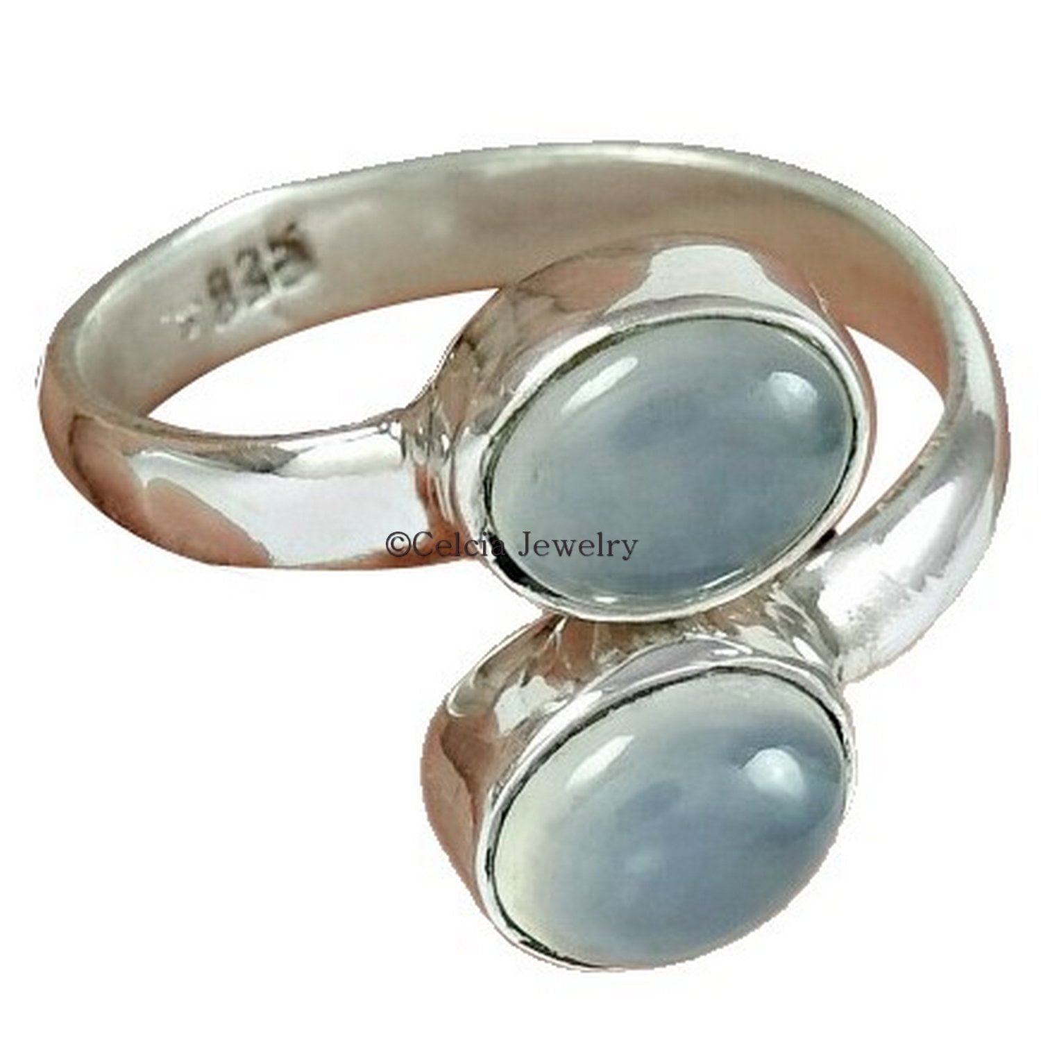 Aqua Chalcedony Natural Gemstone Stackable 2 Stone Designer Ring For ...