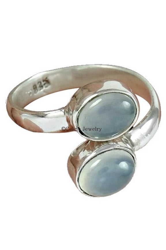 Aqua Chalcedony Natural Gemstone Stackable 2 Stone Designer Ring For Women, Wedding Ring, Statement Promise Stylish Delicate Ring, Blue Stone Oval Elegant Ring (Aqua-Chalcedony, Size 7)