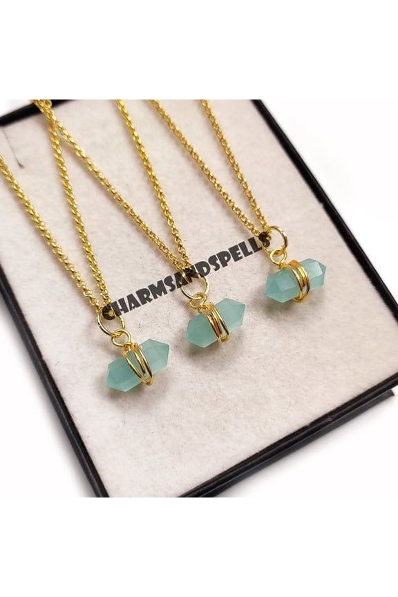 Aqua Chalcedony Pencil Necklace, 14K Gold Plated Necklace, Gemstone Wire Wrapped Charms Pendant, Summer Jewelry, Gifts For Her Necklace