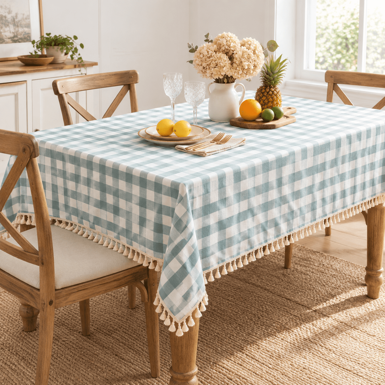 Aqua Checkered Tablecloth Square 55