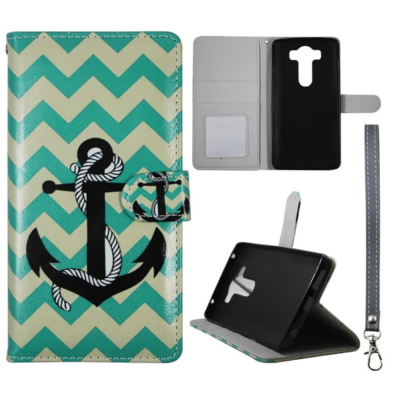 Aqua Chevron Anchor Wallet Folio Case for LG V10 Fashion Flip PU Leather Cover Card ID Card Slots & Stand