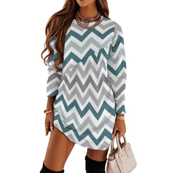 Aqua Chevron Pattern Loose Dress Evening Dress Summer Dresses for Women Luxury Dress Long Sleeved Dress