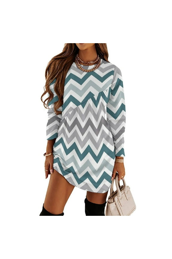 Aqua Chevron Pattern Loose Dress Evening Dress Summer Dresses for Women Luxury Dress Long Sleeved Dress