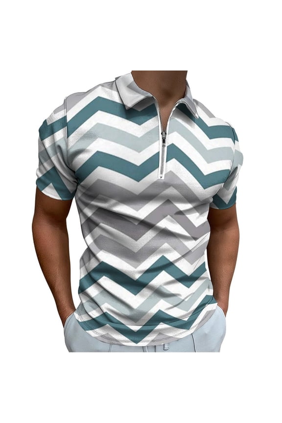 Aqua Chevron Pattern Men Zipper T-shirt Summer Casual Short Sleeve T-shirt Top