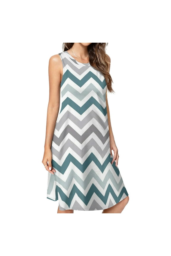 Aqua Chevron Pattern Spring Summer Dresses for Women Fashion T-shirt Dress Casual Sleeveless Loose Sundress with Pockets