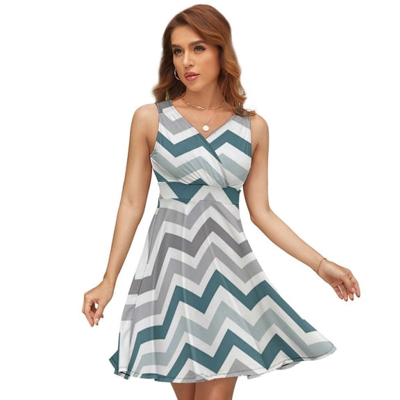 Aqua Chevron Pattern Women's Tank Dress V Neck Sleeveless Summer Sundress