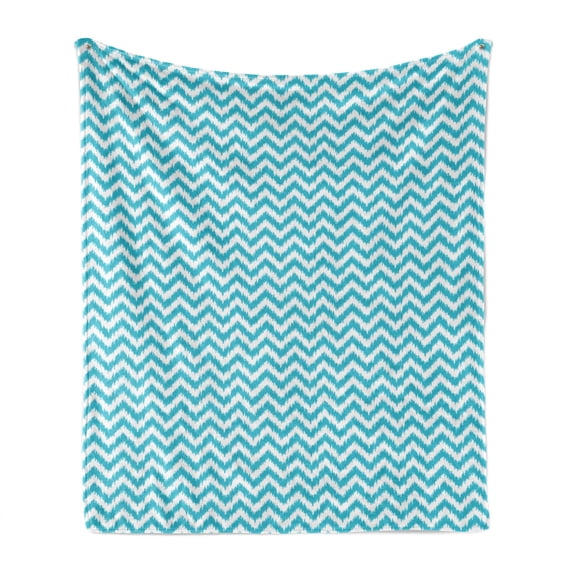 Aqua Chevron Soft Flannel Fleece Blanket, Grungy Design Zigzags Abstract Simplistic Art Modern Geometric Pattern, Cozy Plush for Indoor and Outdoor Use, 60" x 80", Sea Blue and White, by Ambesonne