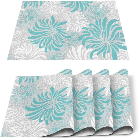Aqua Chrysanthemum Flowers Placemat for Dinning Table Placemat Set of 4-Cotton Linen, Waterproof Cloth Table Mat-Easy Clean Place Mat Machine Washable Fabric, Floral Grey