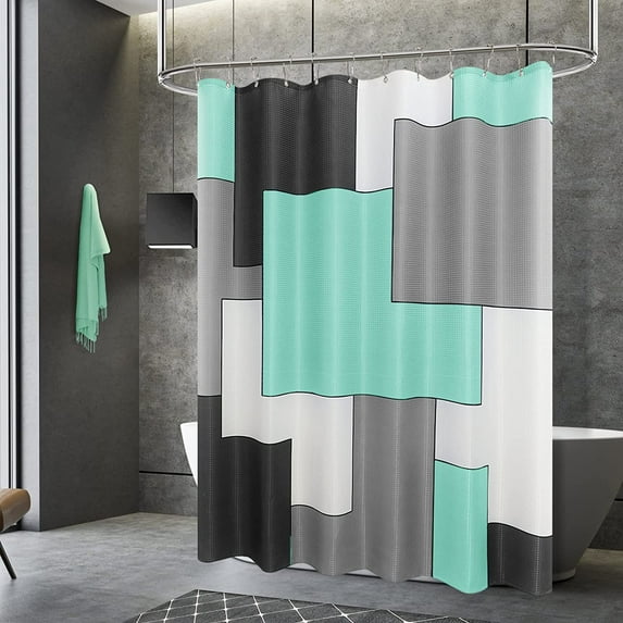 Aqua Cloth Shower Curtain 72 Inches Long Teal and White Shower Curatins for Bathroom Black Grey Modern Geometric Shower Curtain Set with Hooks Waffle Weave Mint Green Seafoam Waterproof Washable 72x72
