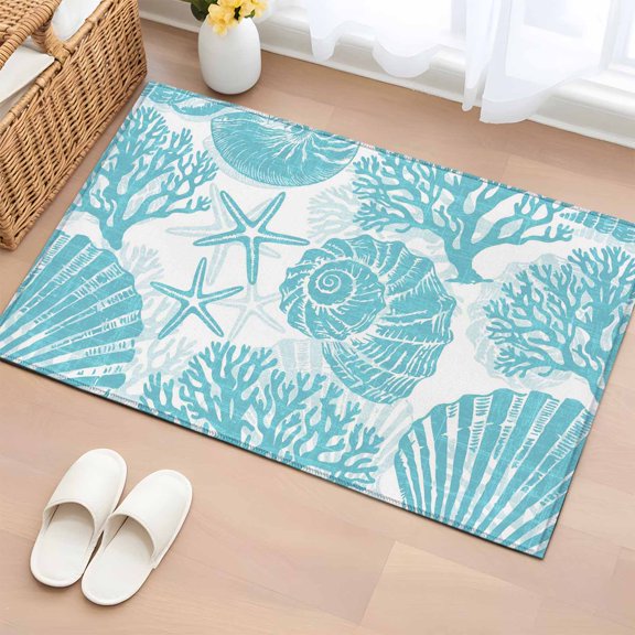 Aqua Coastal 2'x3' Rug for Entryway Front Door Kitchen Sink Area, Beach Starfish Nautical Coral Shell Summer Low Pile Washable Non Slip Rectangle Area Rug