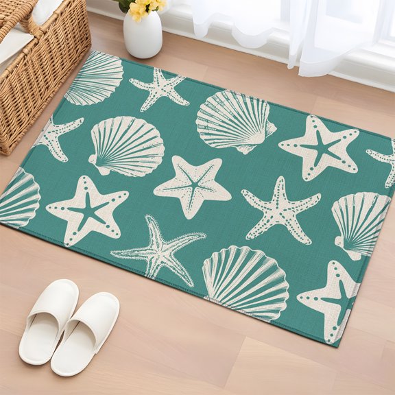 Aqua Coastal 2'x3' Rug for Entryway Front Door Kitchen Sink Area, Starfish Shell Ocean Nautical Low Pile Washable Non Slip Rectangle Area Rug