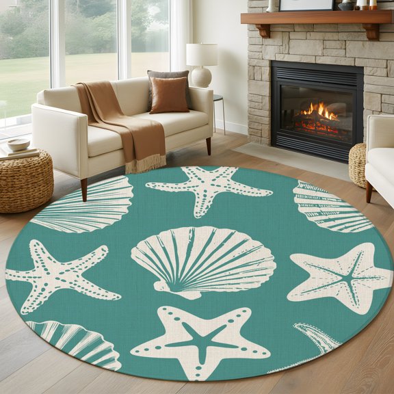 Aqua Coastal 8' Round Rug for Open Concept Living Room Seating Zone, Starfish Shell Ocean Nautical Washable Non Slip Large Circle Area Rug