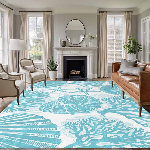 Aqua Coastal 8'x10' Large Area Rug for Living Room Sectional Sofa, Beach Starfish Nautical Coral Shell Summer Washable Non Slip Low Pile Rectangle Area Rug