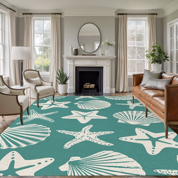 Aqua Coastal 8'x10' Large Area Rug for Living Room Sectional Sofa, Starfish Shell Ocean Nautical Washable Non Slip Low Pile Rectangle Area Rug