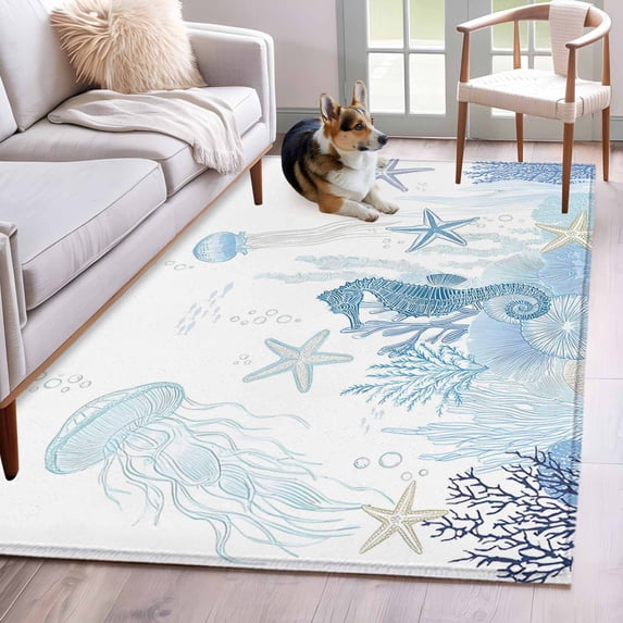 Aqua Coastal Area Rugs 2.7'x5', Washable Small Throw Rugs for Kitchen Bedroom, Summer Ocean Coral Jellyfish Seahorse Starfish Indoor Outdoor Rug Non-Slip Low Pile Carpet Runner Reversible Floor Mats