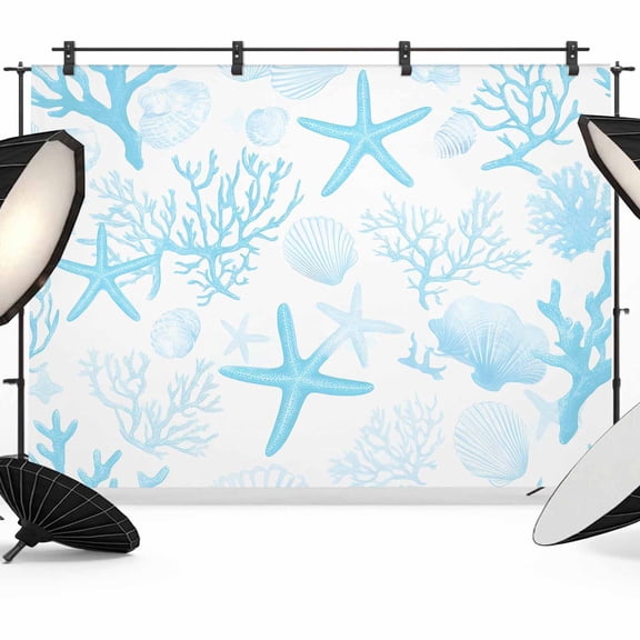 Aqua Coastal Backdrop for Photography,Fabric Photo Background Backdrop,Nautical Summer Beach Starfish Coral Photo Booth Background for Portrait Photoshoot Video Wedding Studio Decoration Banner 7x5ft