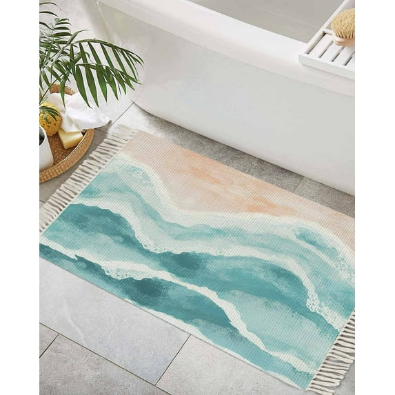 Aqua Coastal Beach Bath Rug 2x3ft Woven Bathroom Entryway Runner Rug,Modern Oil Painting Nautical Washable Living Room Hallway Bedroom Kitchen Carpet with Tassels,Indoor Outdoor Throw Doormat