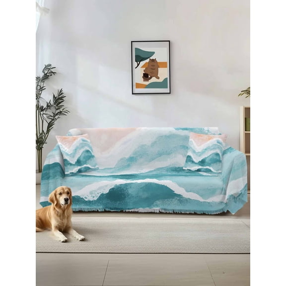 Aqua Coastal Beach Couch Cover Sofa Covers 3 Cushion Sectional Couch, Modern Oil Painting Nautical Washable Sofa Covers Slipcover Sectional Sofa Cover, Furniture Protector 71"x150"