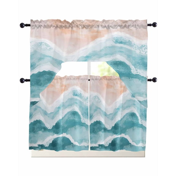 Aqua Coastal Beach Kitchen Curtains Set for Windows 3 Piece Cafe Curtains 24 Inch Length Swag Curtains Valances and Tier Set Modern Oil Painting Nautical Drapes for Bedroom Bathroom Living Room